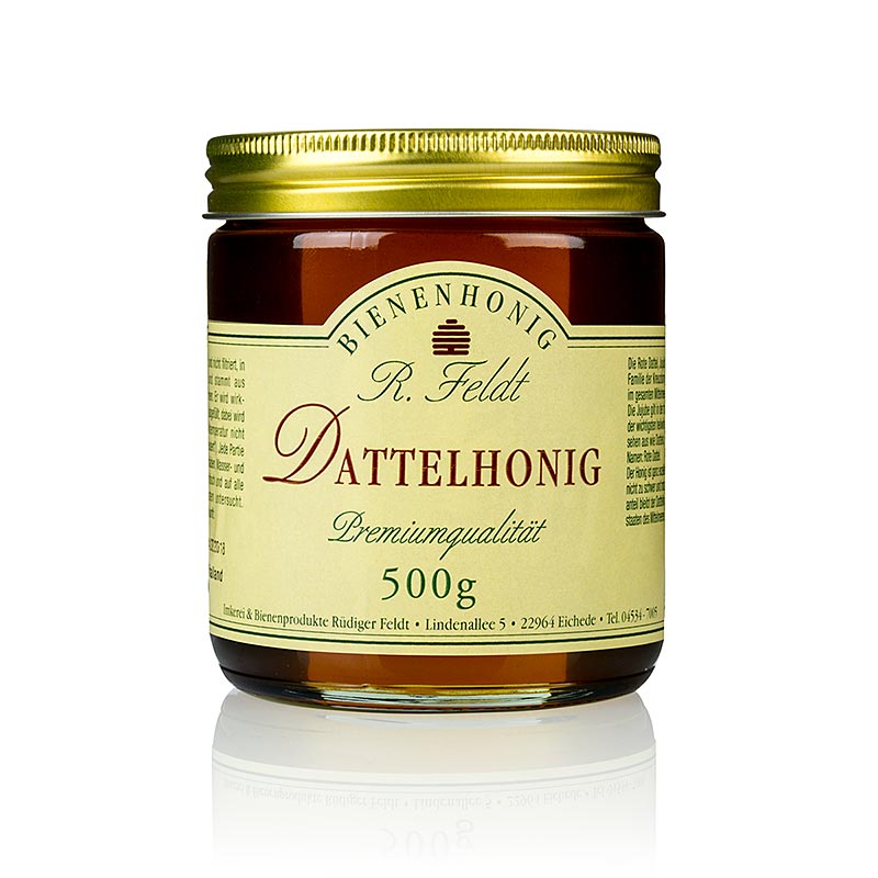 Taatelihunaja, tumma, nestemainen, harmoninen Feldt Beekeeping - 500g - Lasi