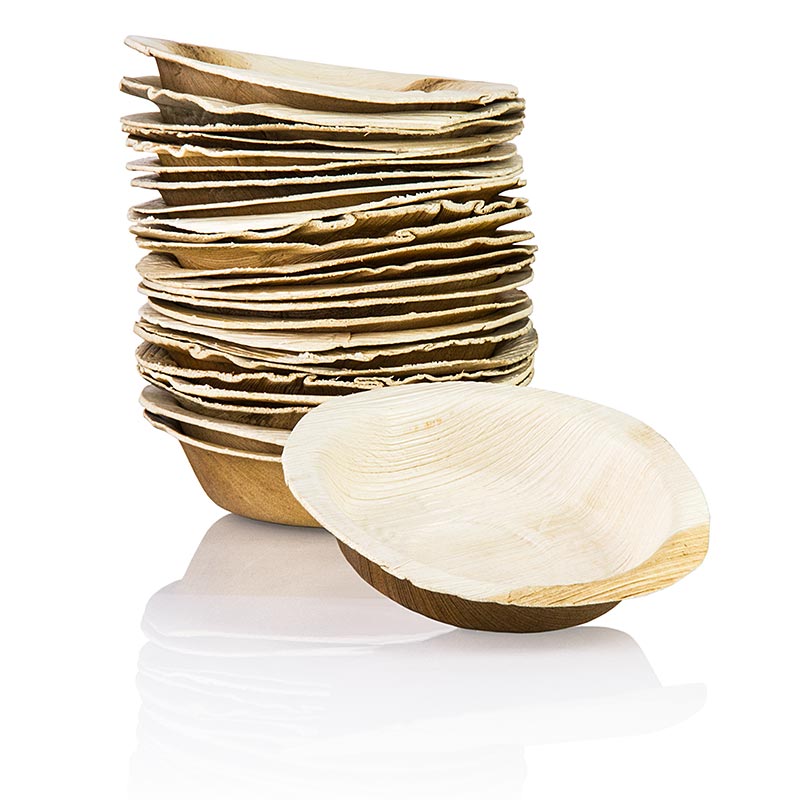 Piatto usa e getta in foglia di palma, rotondo, Ø circa 12 cm, profondo 3 cm, 100% compostabile - 25 pezzi - borsa