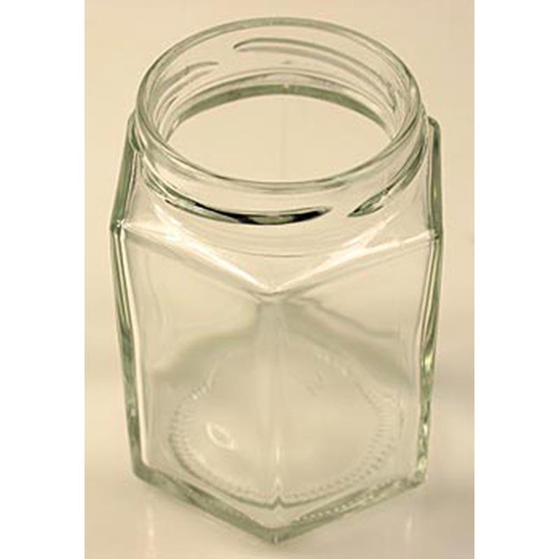 Vidre, hexagonal, 191 ml, boca Ø 58 mm, sense tapa - 1 peca - Solta Vidre, hexagonal, 191 ml, boca Ø 58 mm, sense tapa - 1 peca - Solta
