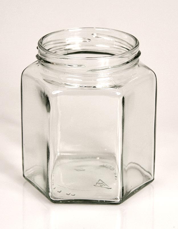 Glas, sechseckig, 390 ml, 70mm Mündung, ohne Deckel - 1 St - Lose Glas, sechseckig, 390 ml, 70mm Mündung, ohne Deckel - 1 St - Lose