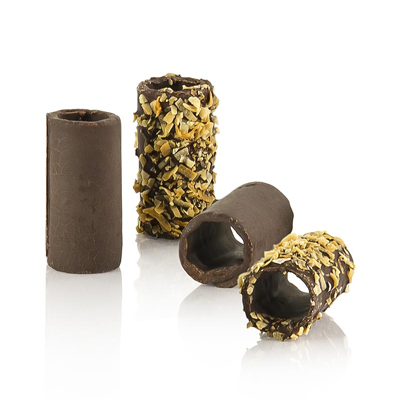 Mini canelones de chocolate y coco, oscuros, 2 cm Ø, 5 cm largo, Pidy - 1,1 kg, 110 piezas - Cartulina