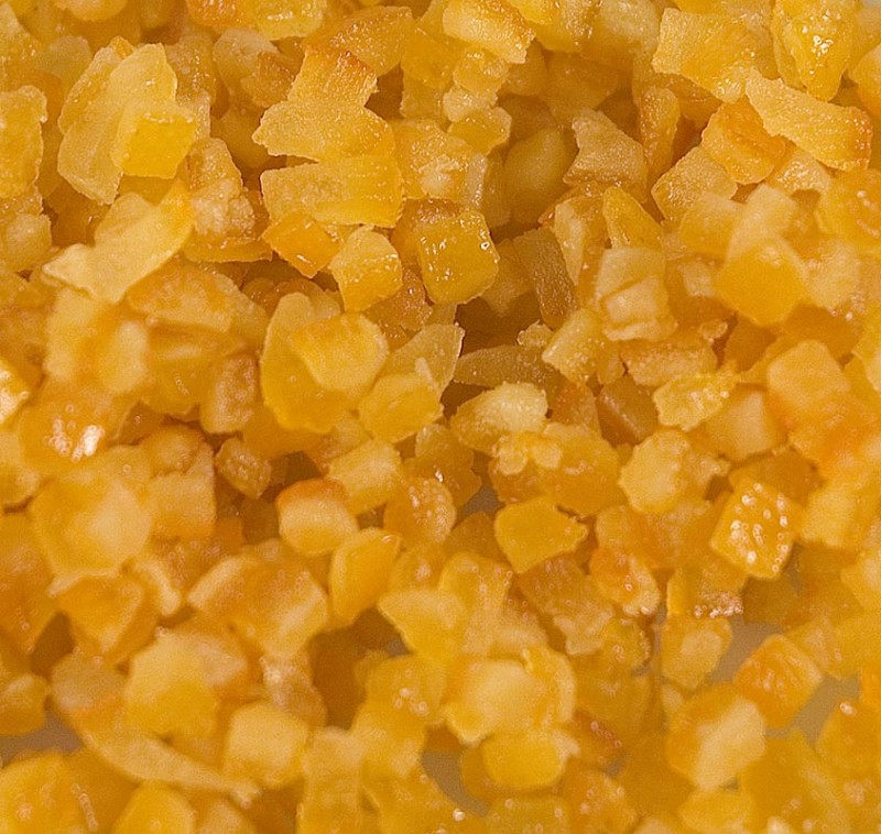 Casca de laranja, casca de laranja cristalizada, cortada em cubos finos, 3 mm - 250g - bolsa