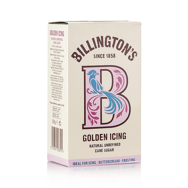Acucar em po - Acucar de confeiteiro dourado, cor de mel, acucar de cana bruto, Billington`s - 500g - caixa Acucar em po - Acucar de confeiteiro dourado, cor de mel, acucar de cana bruto, Billington`s - 500g - caixa