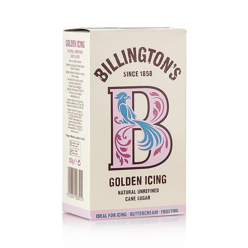 Azucar en polvo: azucar glas dorado, color miel, azucar de cana sin refinar, Billington`s - 500g - caja