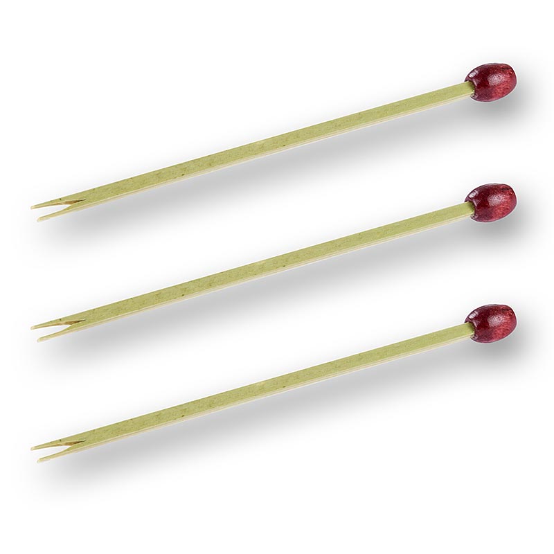 Bambus-Spieß, mit Spalt und roter Perle, 8 cm - 50 St - Beutel Bambus-Spieß, mit Spalt und roter Perle, 8 cm - 50 St - Beutel