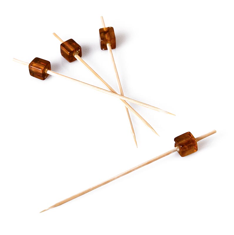 Holz-Spieße, mit bernsteinfarbenem Würfel, 9 cm - 100 St - Beutel Holz-Spieße, mit bernsteinfarbenem Würfel, 9 cm - 100 St - Beutel