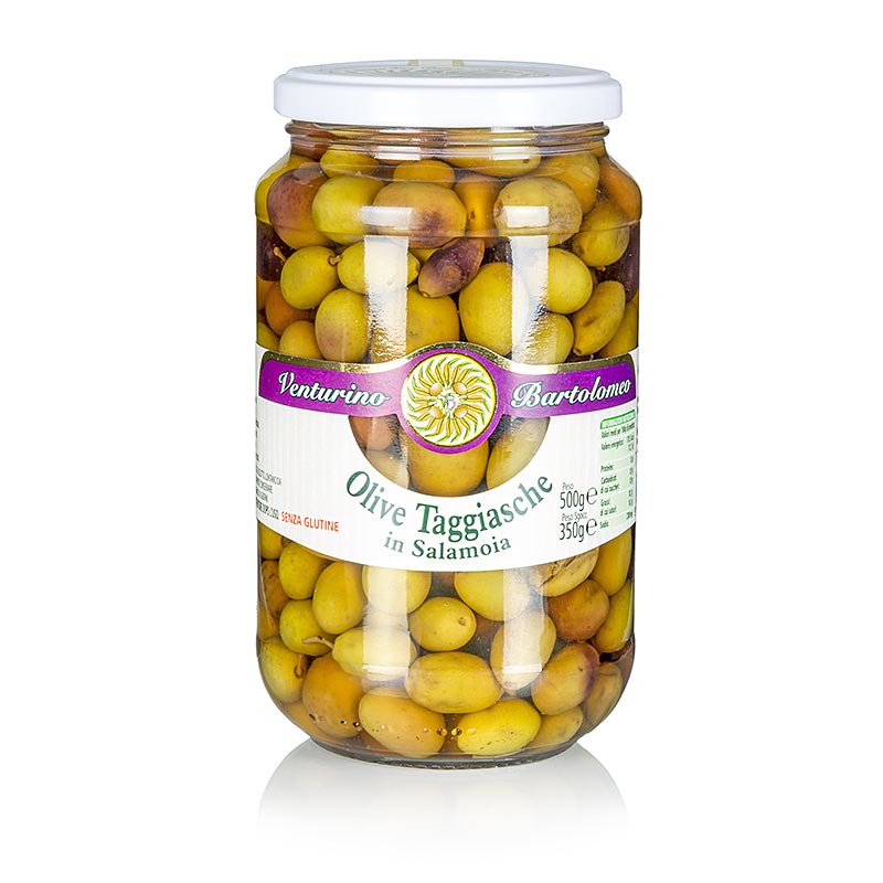 Oliiviseos, vihreita ja mustia Taggiasca-oliiveja, kivella, suolavedessa, Venturino - 500g - Lasi