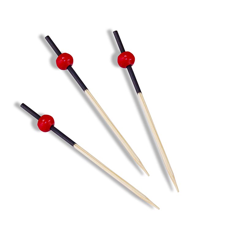 Holz-Spieße - mit schwarz gefärbtem Ende und roter Kugel, 7 cm - 100 St - Beutel