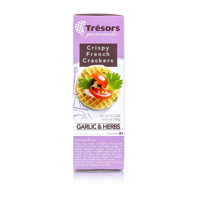 Barsnack Tresors - Francese croccante Mini waffle cracker con aglio ed erbe aromatiche - 95 g - Cartone