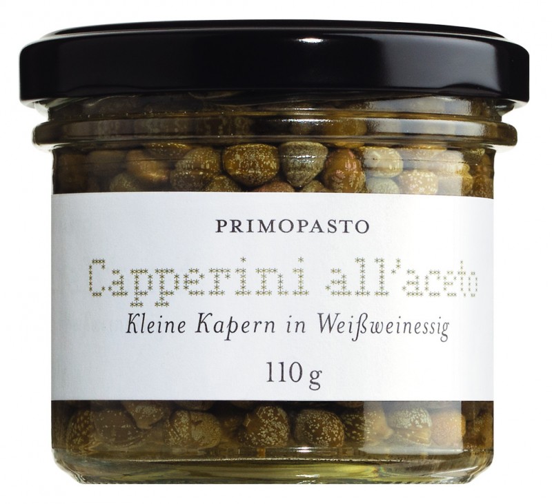 Capperini all`aceto, alcaparras pequenas en vinagre de vino, primopasto - 110g - Vaso