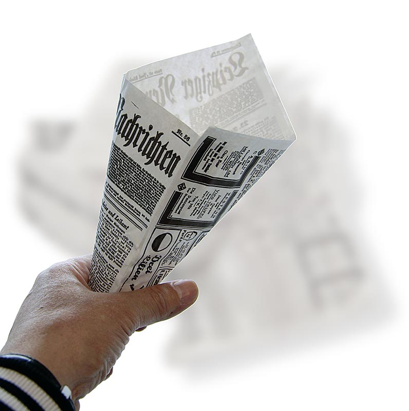 Einweg Fish & Chips- / Pommes Frites-Tüten, mit Zeitungspapierdruck, 19 cm - 500 St - Beutel Einweg Fish & Chips- / Pommes Frites-Tüten, mit Zeitungspapierdruck, 19 cm - 500 St - Beutel