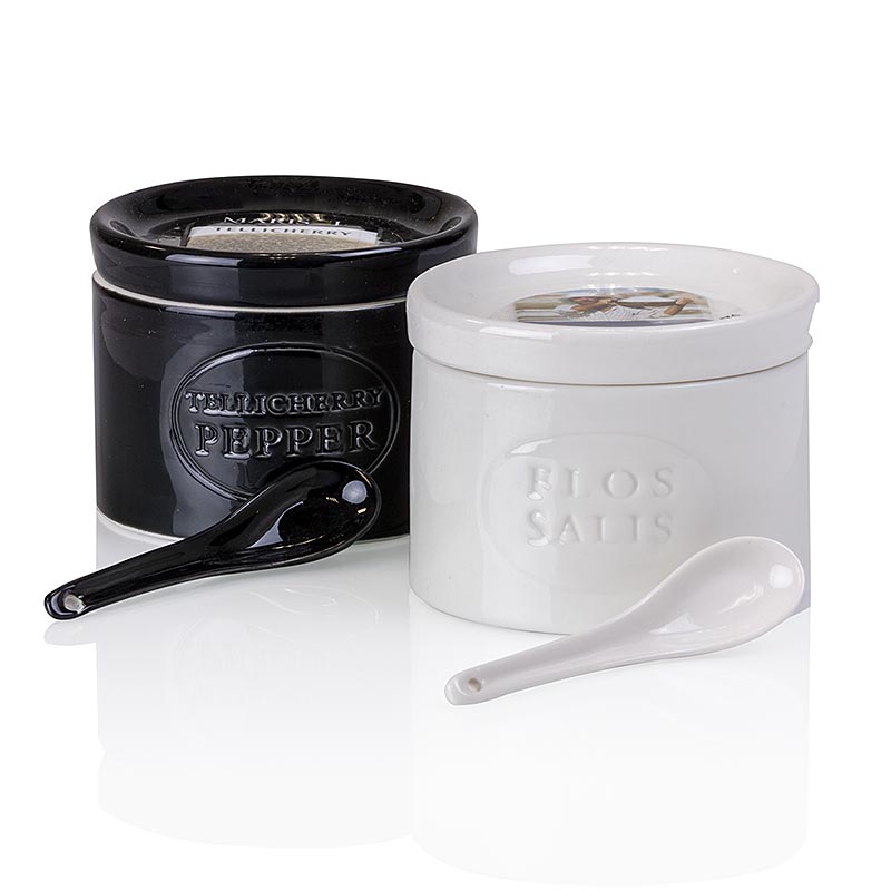 Set keramik, wadah garam, Flos Salis® 100g + wadah merica, Tellicherry 70g + sendok - 170 gram, 4 buah. - menggagalkan
