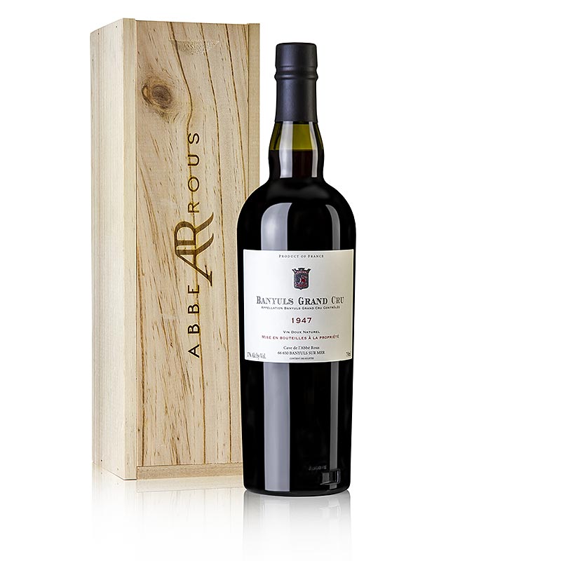 1947 Banyuls Grand Cru en caja de madera, tinto, dulce, 17% vol., Abbe Rous - 750ml - Botella