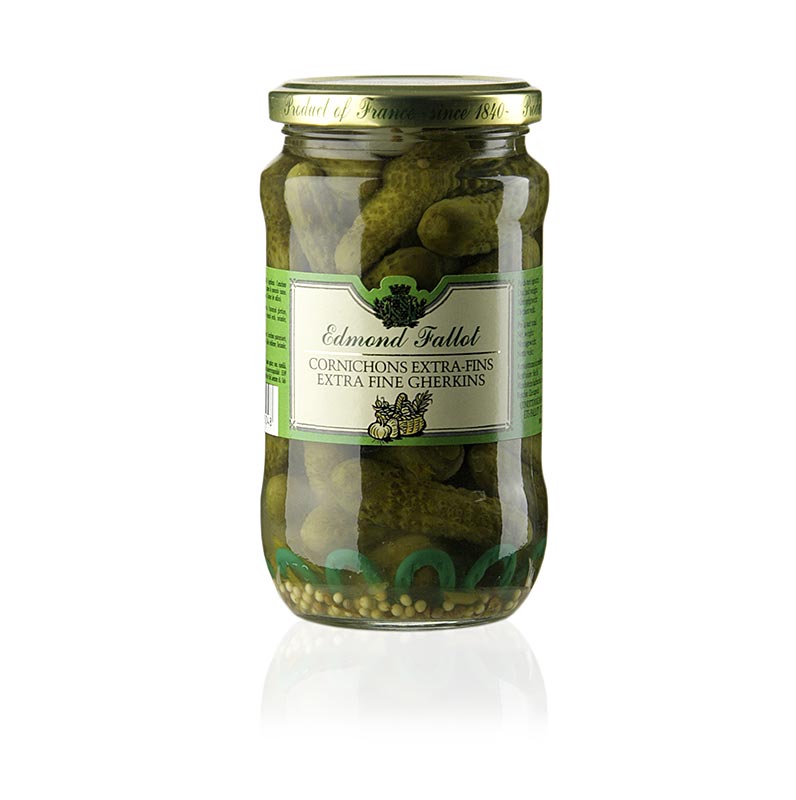 Barbatanas extras de cornichons, pepinos extra finos em vinagre, Fallot - 340g - Vidro