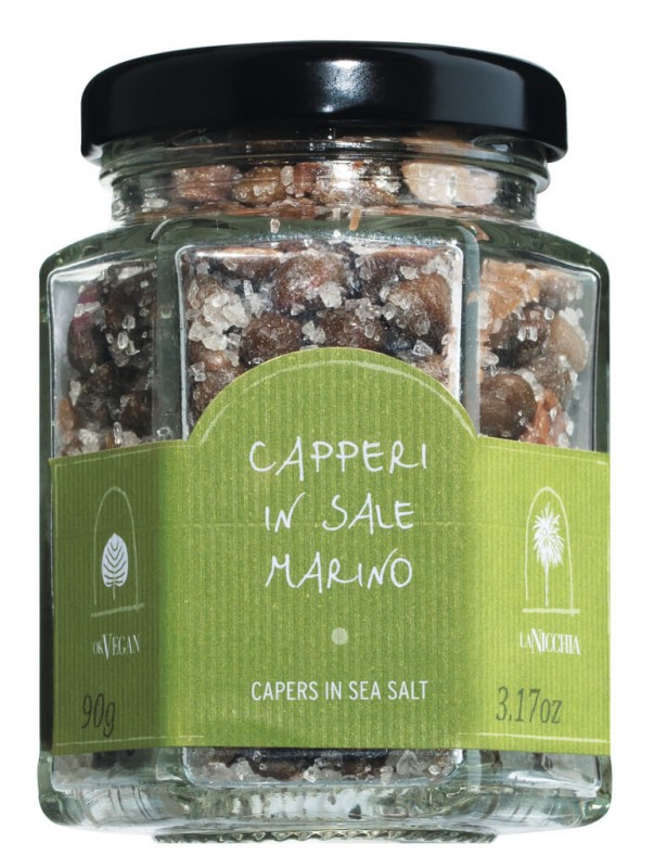 Capperi piccoli dijual marino, caper dalam garam laut, kecil, La Nicchia - 90 gram - Kaca