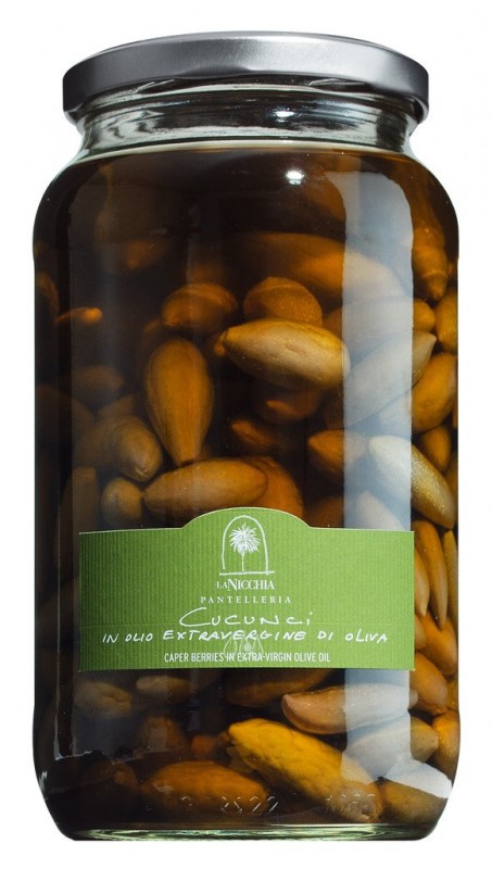 Cucunci in olio exta vergine d`oliva, capperi in olio extra vergine di oliva, La Nicchia - 950 g - Bicchiere
