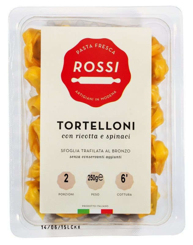 Tortelloni con ricotta e spinaci, Fideos frescos al huevo con ricotta y espinacas, Pasta Fresca Rossi - 250 gramos - embalar