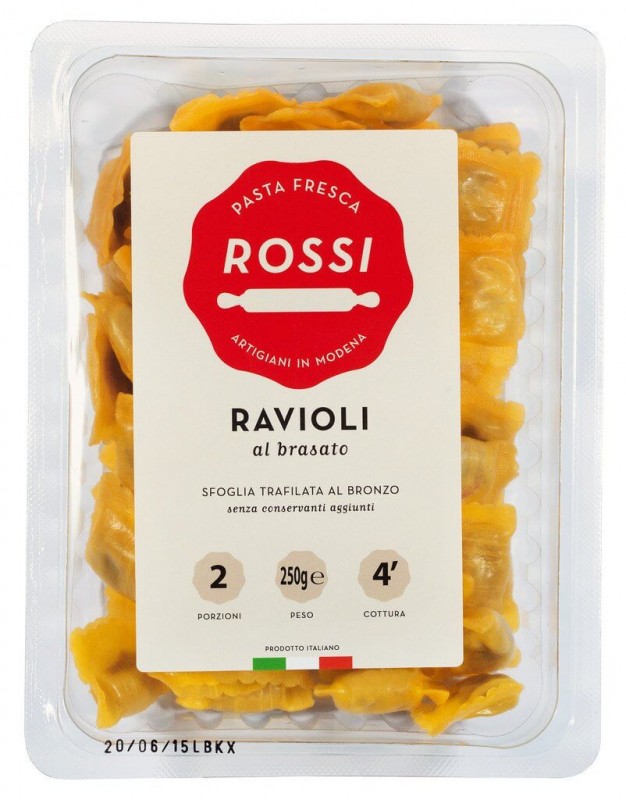 Ravioli al Brasato, tuoreet munanuudelit lihataytteella, Pasta Fresca Rossi - 250 g - pakkaus