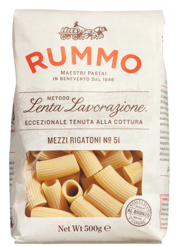 Mezzi rigatoni, Le Classiche, pasta di semola di grano duro, rummo - 500 g - Cartone