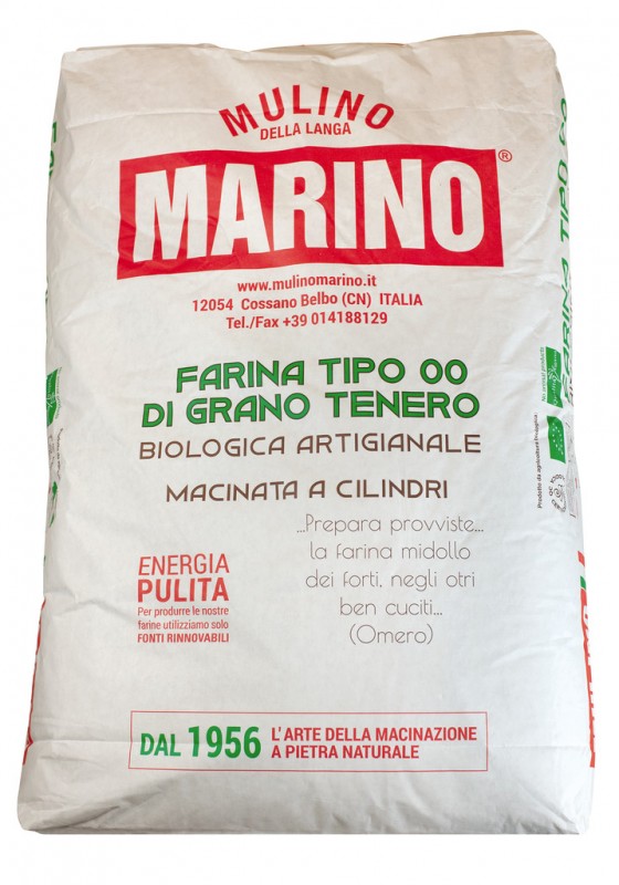 Farinha de trigo mole tipo 00, organica, de moinho de pedra, para massas e pizzas, Mulino Marino - 25kg - bolsa