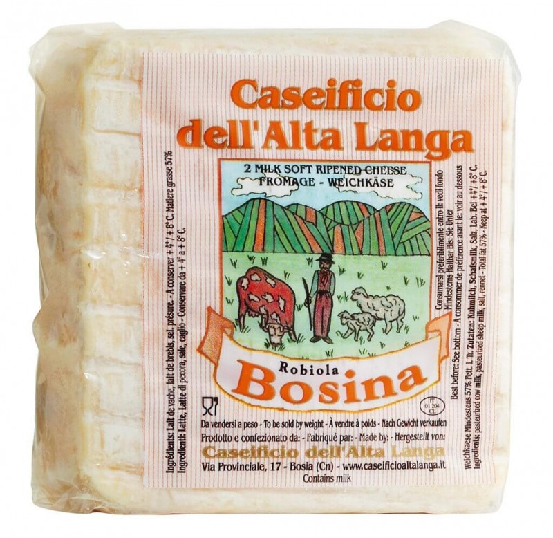 Robiola due latti Bosina, keju lembut yang diperbuat daripada susu lembu dan biri-biri, lemak dalam tr.57%, Caseificio Alta Langa - 8 x lebih kurang 250 g - kg Robiola due latti Bosina, keju lembut yang diperbuat daripada susu lembu dan biri-biri, lemak dalam tr.57%, Caseificio Alta Langa - 8 x lebih kurang 250 g - kg