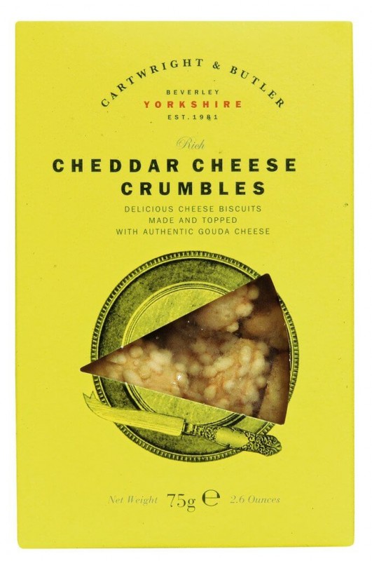 Cheddar Cheese Crumbles, murokeksi ikaantyneella cheddarjuustolla, Cartwright ja Butler - 75 g - pakkaus