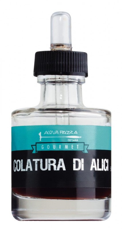 Colatura di Alici, bottiglia em astuccio, molho de anchova, garrafa pipeta, acquapazza - 50ml - Garrafa