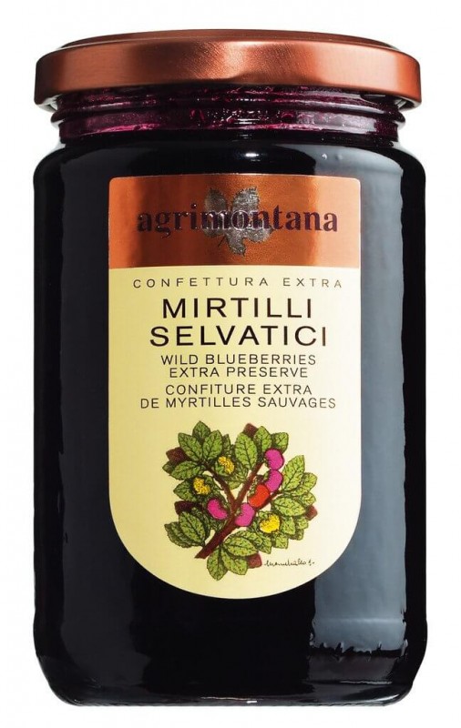 Confettura Mirtilli, mustikkahillo, Agrimontana - 350 g - Lasi