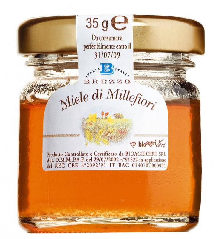 Miele biologico assortito, vasi mini, honning mini krukker 5 ganger assortert, oekologisk, Apicoltura Brezzo - 60 x 35 g - vise