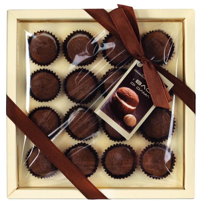 Baci di dama con cacao, confezione, biscotto doppio ripieno di cioccolato bianco, pack., Antica Torroneria Piemontese - 150 g - pacchetto