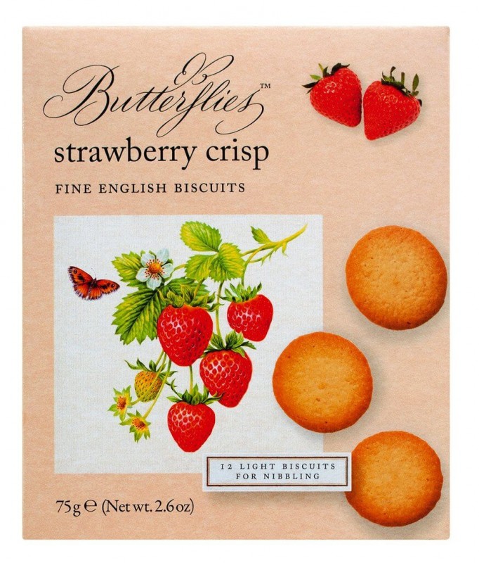 Butterflies Strawberry Crisp, mansikanmakuiset leivonnaiset, Artisan Biscuits - 75 g - pakkaus