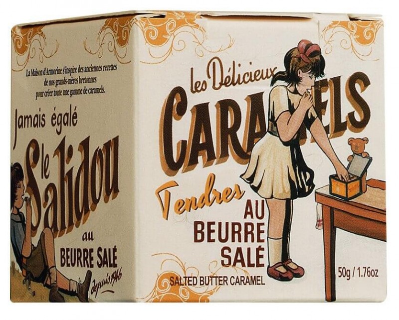 Caramels au beurre sale, minicubo servez-vous, bala de caramelo com manteiga com sal, caixa, La Maison d`Armorine - 50g - Pedaco