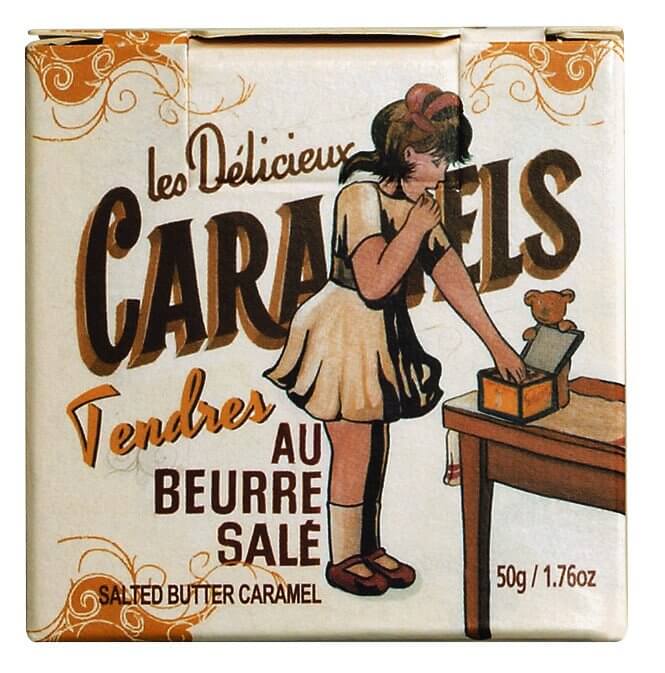 Caramels au beurre sale, minicubo servez-vous, bala de caramelo com manteiga com sal, caixa, La Maison d`Armorine - 50g - Pedaco