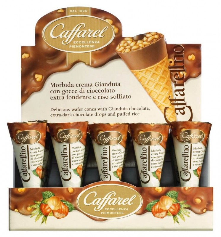 Caffarellino con crema gianduia, cono gelato ripieno di crema gianduia, esposizione, caffarel - 24 x 25 g - Schermo