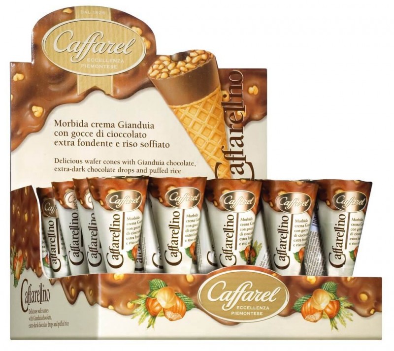 Caffarellino con crema gianduia, cono gelato ripieno di crema gianduia, esposizione, caffarel - 24 x 25 g - Schermo