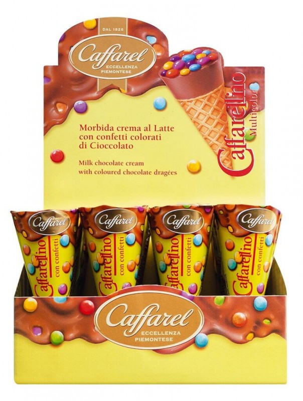 Caffarellino Multicolor, display, casquinha de sorvete com chocolate ao leite, display, Caffarel - 24x25g - mostrar
