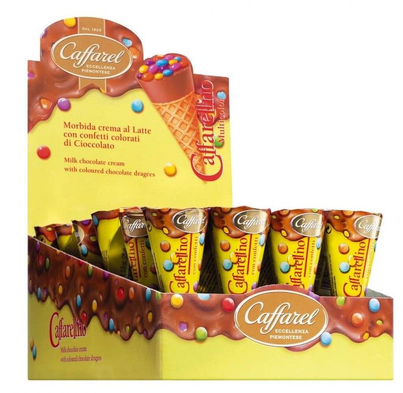 Caffarellino Multicolor, espositore, cono gelato al cioccolato al latte, espositore, Caffarel - 24 x 25 g - Schermo