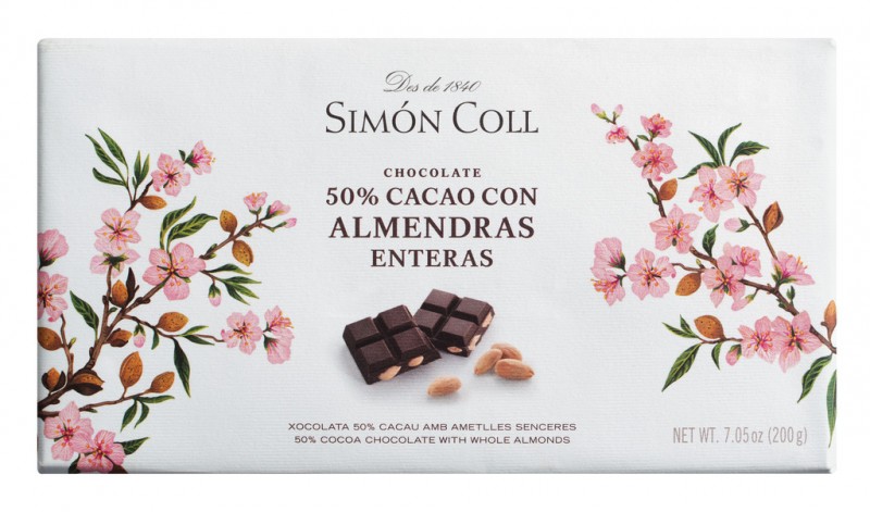 Chocolate 50% com almendras enteras, chocolate amargo com amendoas inteiras 50%, Simon Coll - 200g - Pedaco