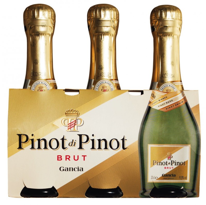 Pinot di Pinot Spumante Brut Cluster, hvitt freydhivin, Charmat adhferdh, Gancia Spumanti - 3 x 0,2L - sett