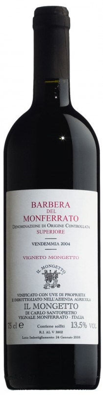 Barbera del Monferrato Sup. DOCG, vino tinto, barrica, Vendemmia, Il Mongetto - 0,75 litros - Botella