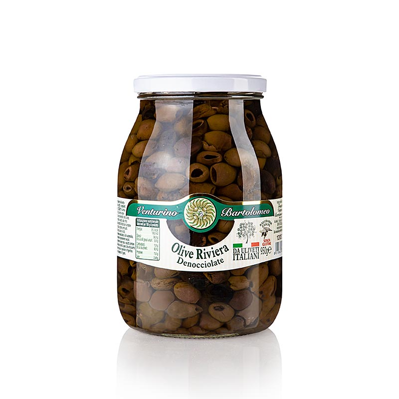 Venturino Snocciolate Olives Leccino en oli d`oliva, sense pinyol - 950 g - Vidre