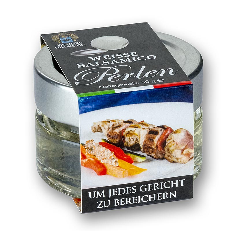 Fruchtkaviar Balsamico Bianco, Perlgrösse 3-5mm, Sphären, Terra del Tuono - 50 g - Glas Fruchtkaviar Balsamico Bianco, Perlgrösse 3-5mm, Sphären, Terra del Tuono - 50 g - Glas