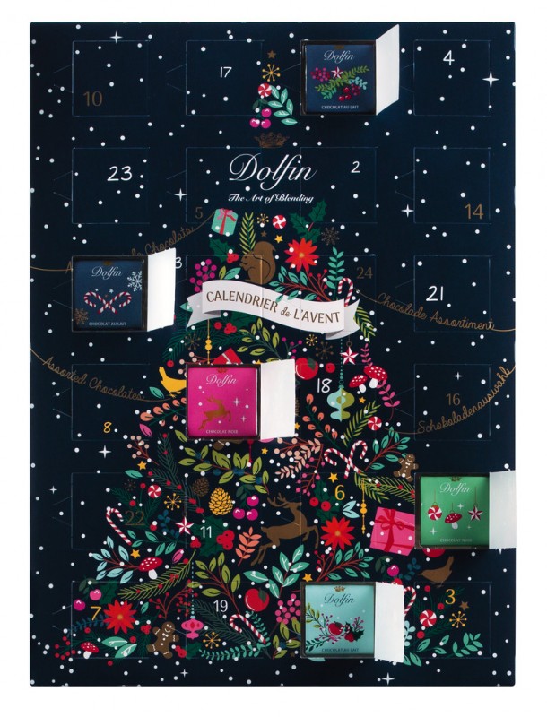Calendrier de lavent, kalender Advent dengan bermacam-macam coklat, Dolfin - 108 gram - mengemas