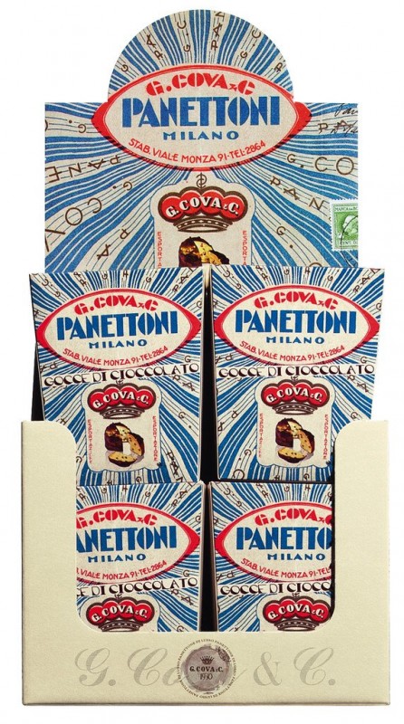 Panetone pequeno com chocolate, Display Panettoncini Gocce Cioccolato Mignon, Breramilano 1930 - 12x100g - mostrar