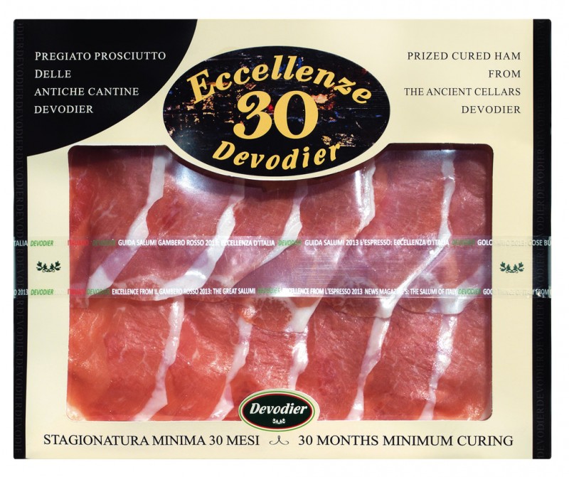 Prosciutto Crudo Vaschetta 30 mesi, prosciutto crudo 30 mesi, affettato, sottovuoto, Devodier - 80 g - pacchetto