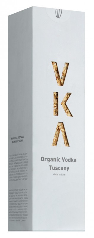 Vodkapullo lahjarasiassa, luomu, VKA Organic Vodka Toscany in astuccio, Futa - 0,7 l - Pullo