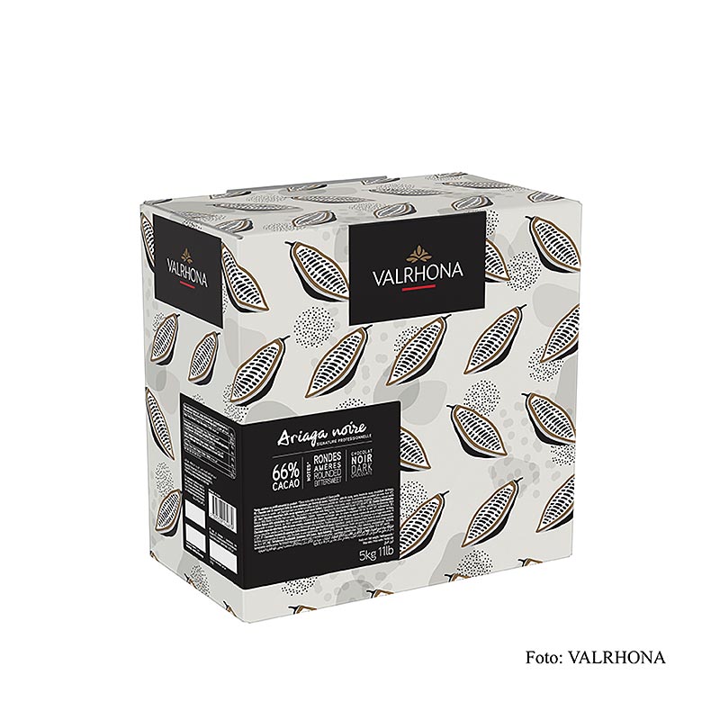 Valrhona Ariaga Noire, moerk couverture, callets, 66% kakao - 5 kg - Kartong