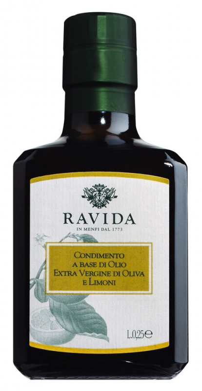 Condimento di Olio Extra Vergine di Oliva e Limoni, Aceite de Oliva Virgen Extra con Limon Ravida, Ravida - 250ml - Botella