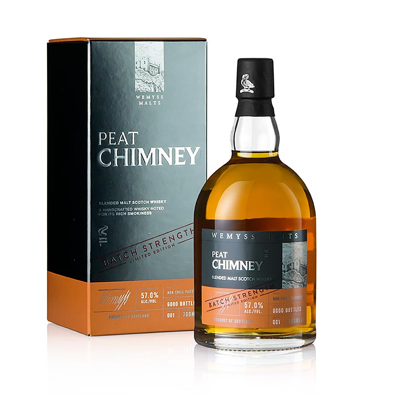 Blended Malt Whisky, Wemyss, Peat Chimney, teor de barril, 57% vol., Escocia - 700ml - Garrafa
