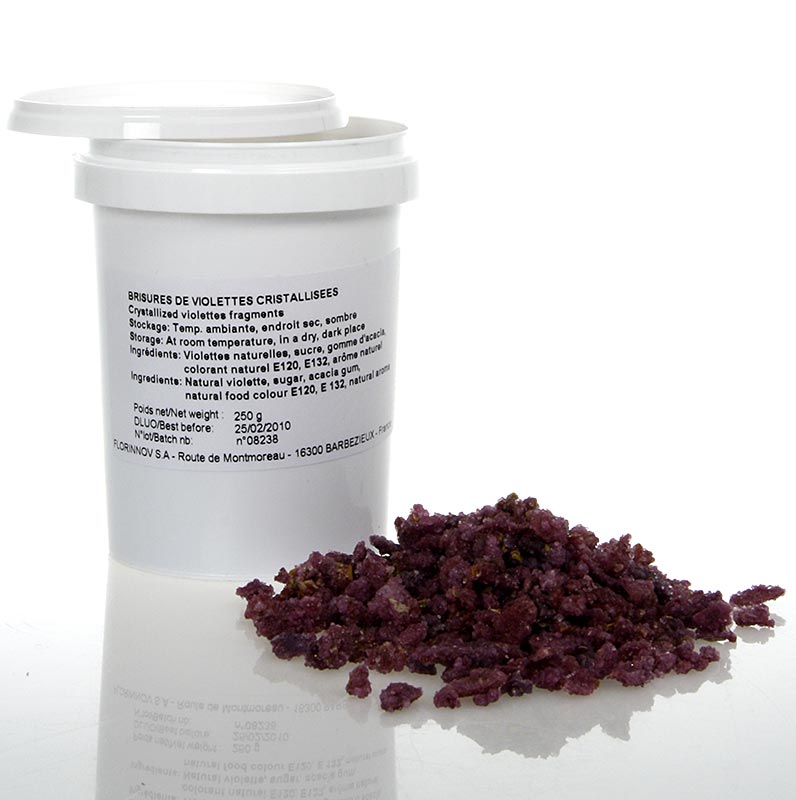 Echte Veilchen-Blüten Brisures-Stückchen, violett, kandiert, essbar, Flor & Flor - 250 g - Becher Echte Veilchen-Blüten Brisures-Stückchen, violett, kandiert, essbar, Flor & Flor - 250 g - Becher